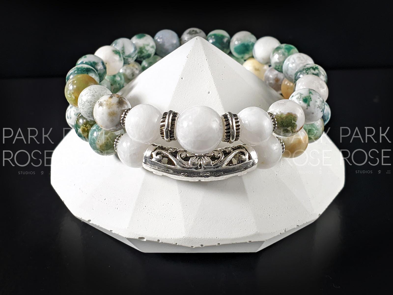 Set of 2: Tree Agate & Moonstone Bracelet Stack