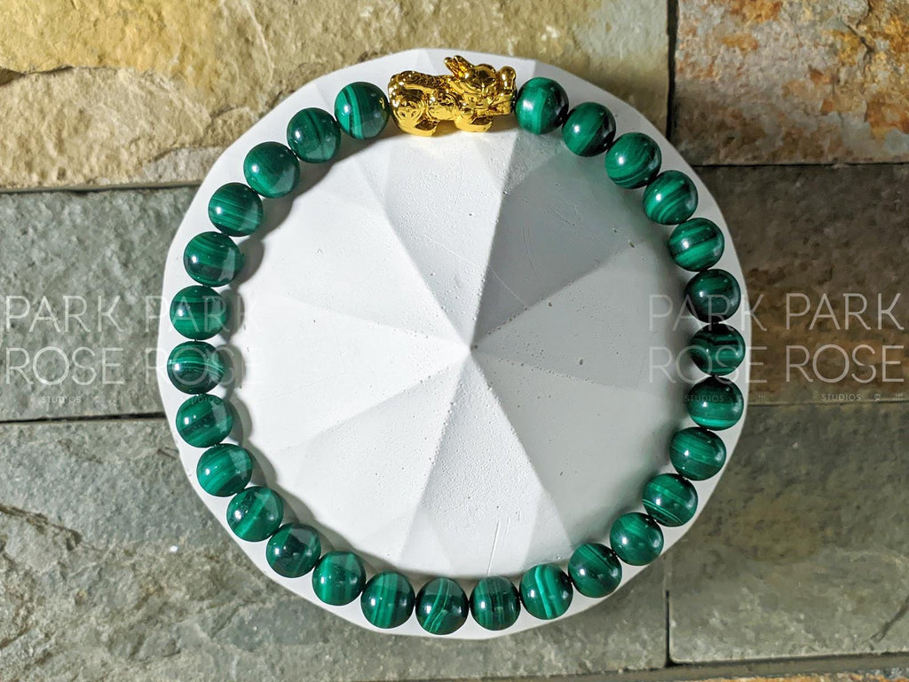 Congo Malachite Bracelet: 24K Gold Plated Pixiu Charm