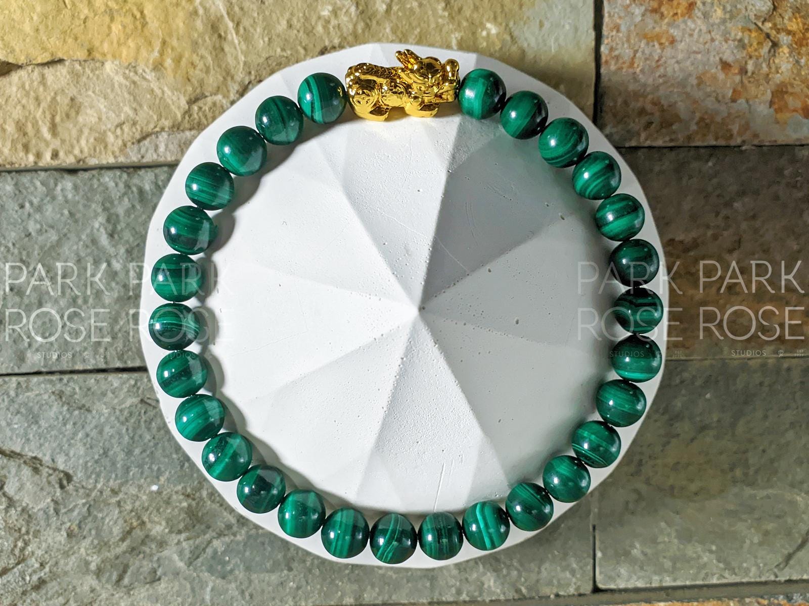 Congo Malachite Bracelet: 24K Gold Plated Pixiu Charm