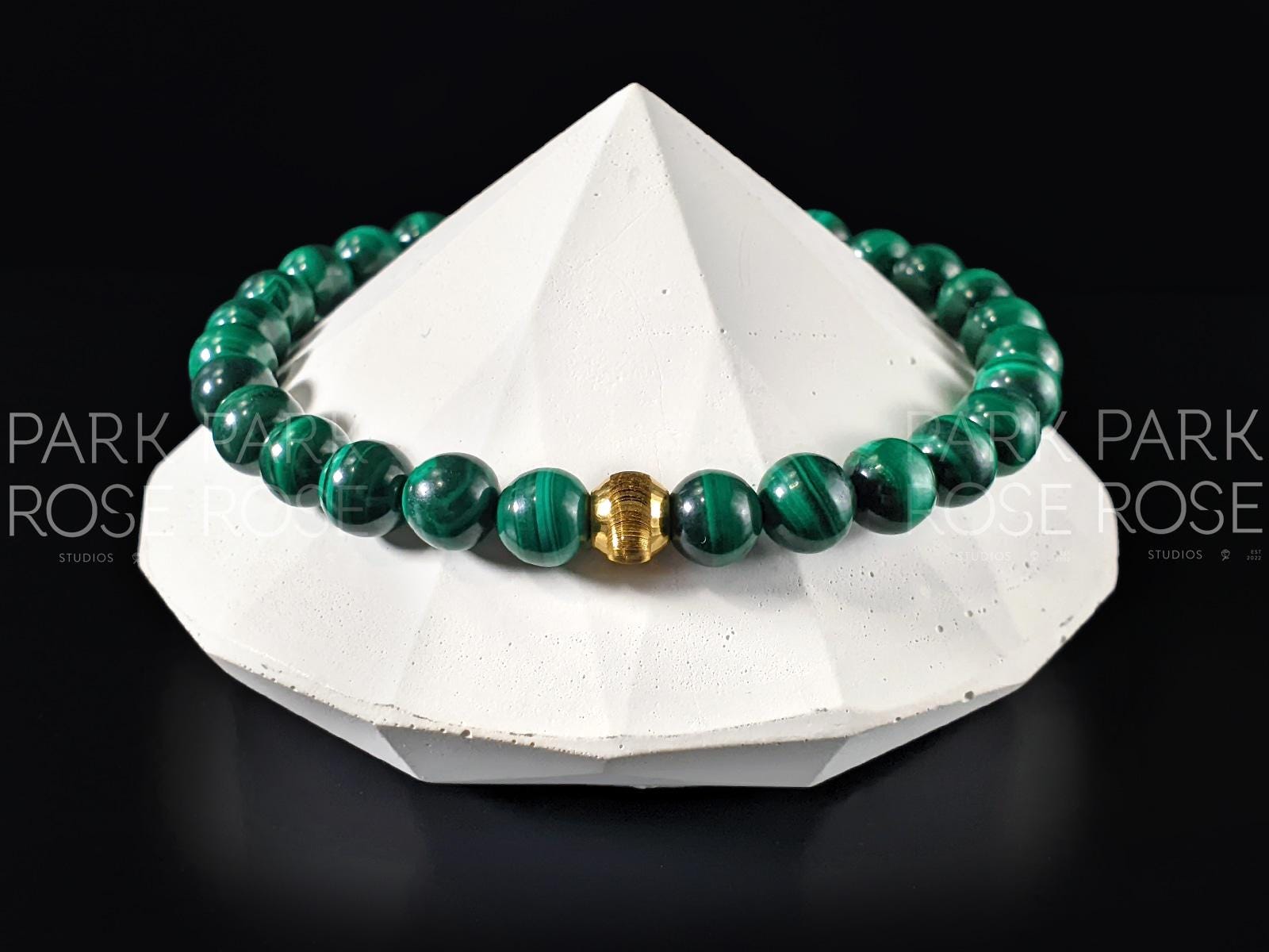 Congo Malachite Gemstone Bracelet: 24K Gold Cat Eye Bead (6/8/10mm)