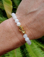 Transparent Moonstone Gemstone Bracelet: 24K Gold Plated Pixiu Charm (6mm)