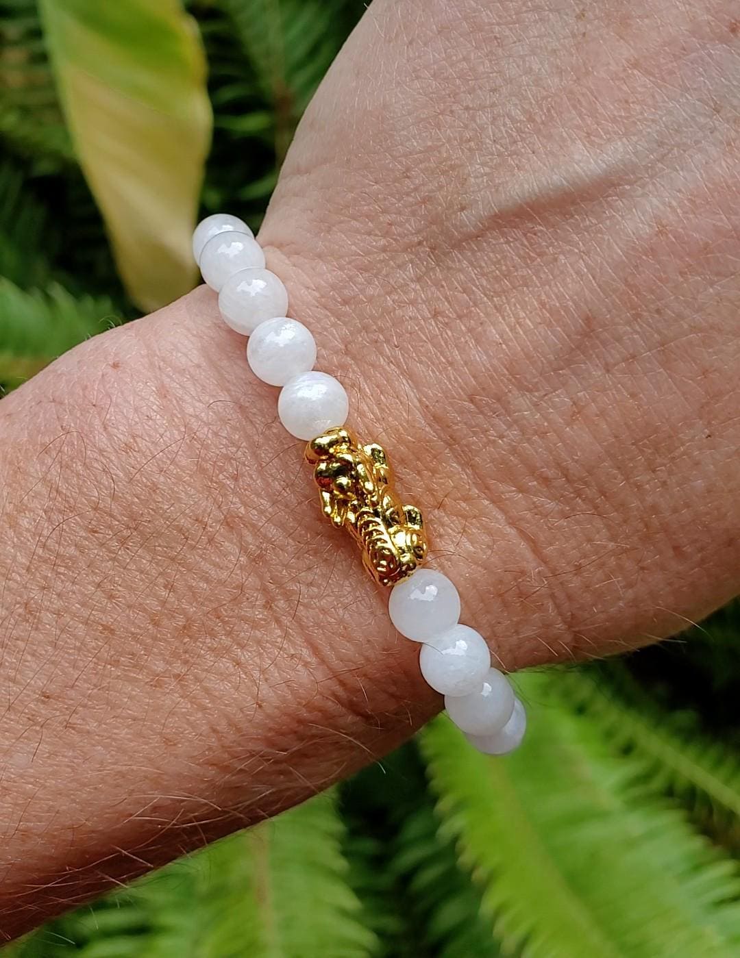 Transparent Moonstone Gemstone Bracelet: 24K Gold Plated Pixiu Charm (6mm)