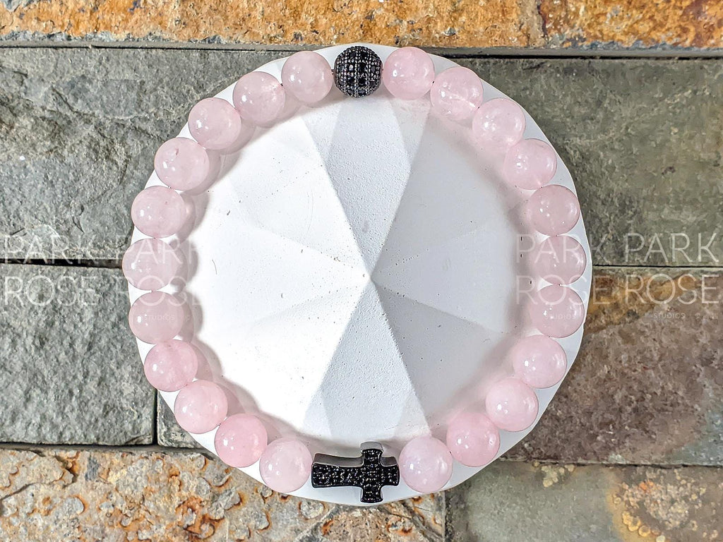 AAAAA Madagascar Rose Quartz Bracelet with Zirconia Cross (8mm)
