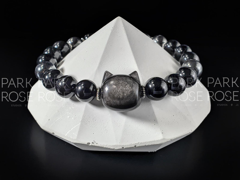 Obsidian Cat Bracelet: Black Tourmaline & Hematite Crystal (8mm)