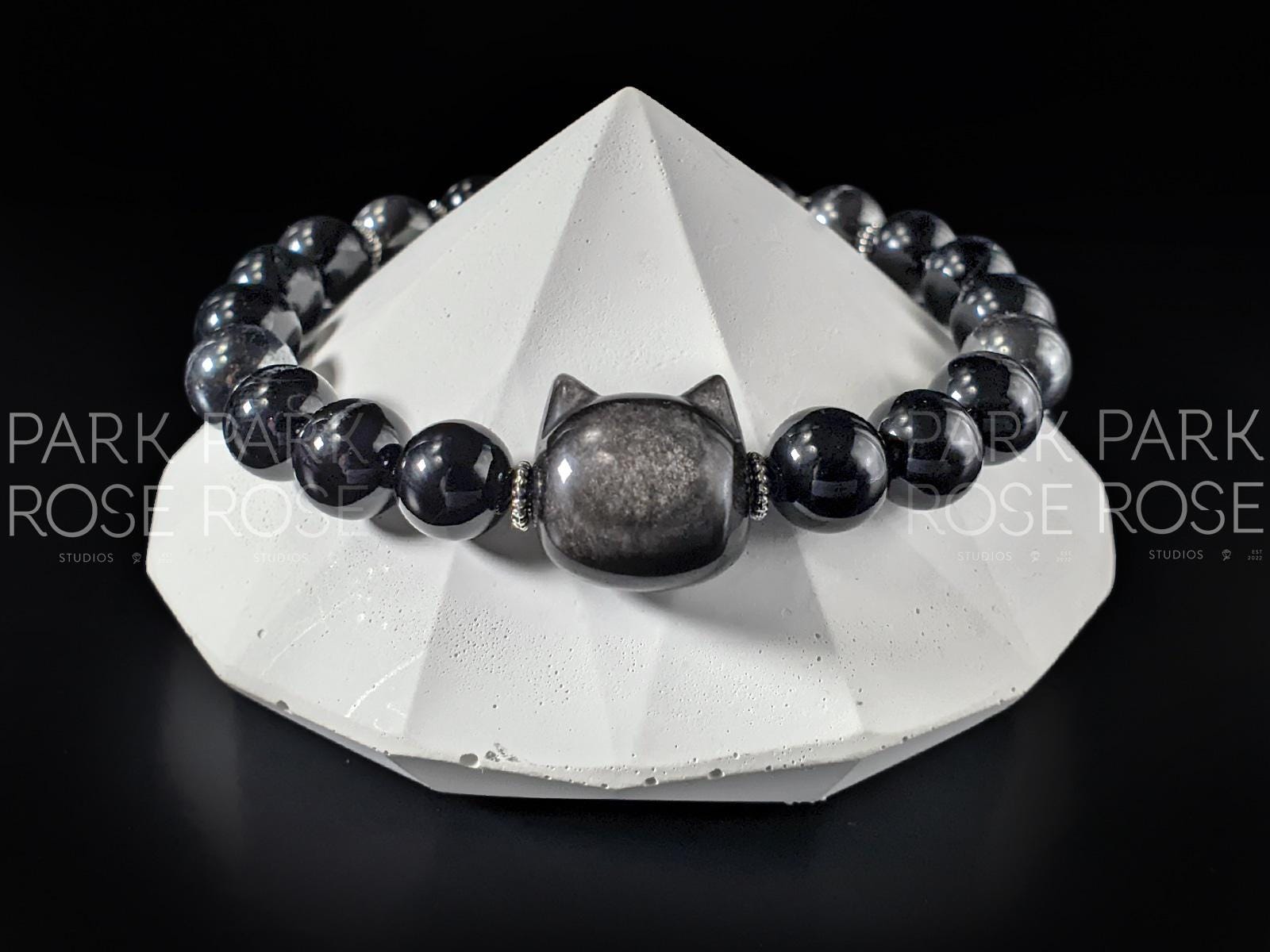 Obsidian Cat Bracelet: Black Tourmaline & Hematite Crystal (8mm)