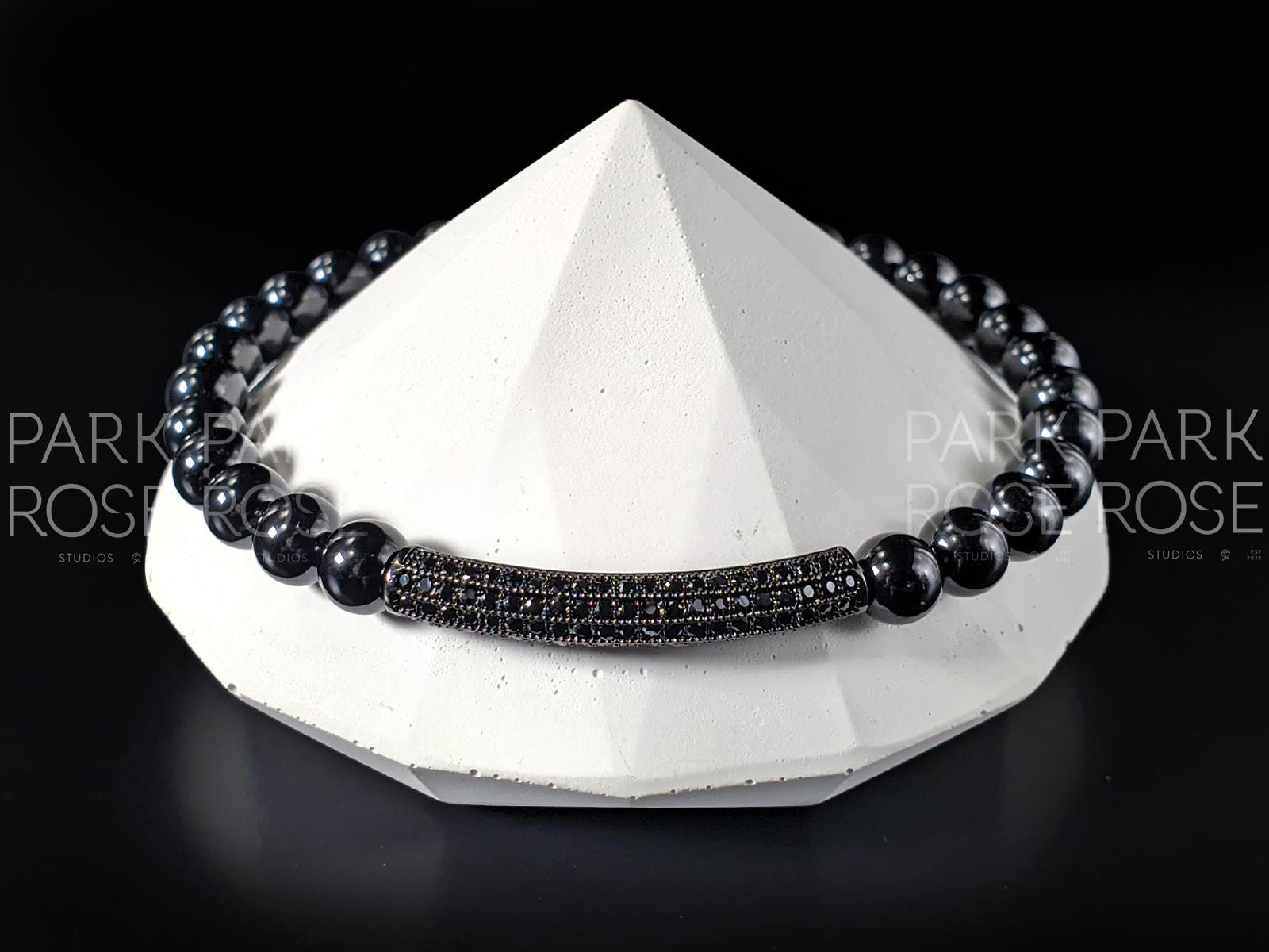 AAA Black Tourmaline & Zirconia Bar Bracelet (6mm)
