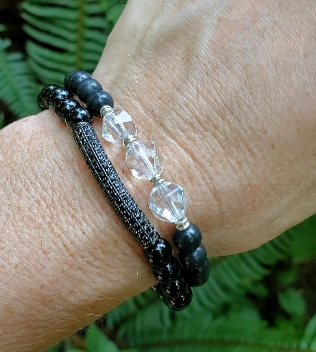 AAA Black Tourmaline & Zirconia Bar Bracelet (6mm)