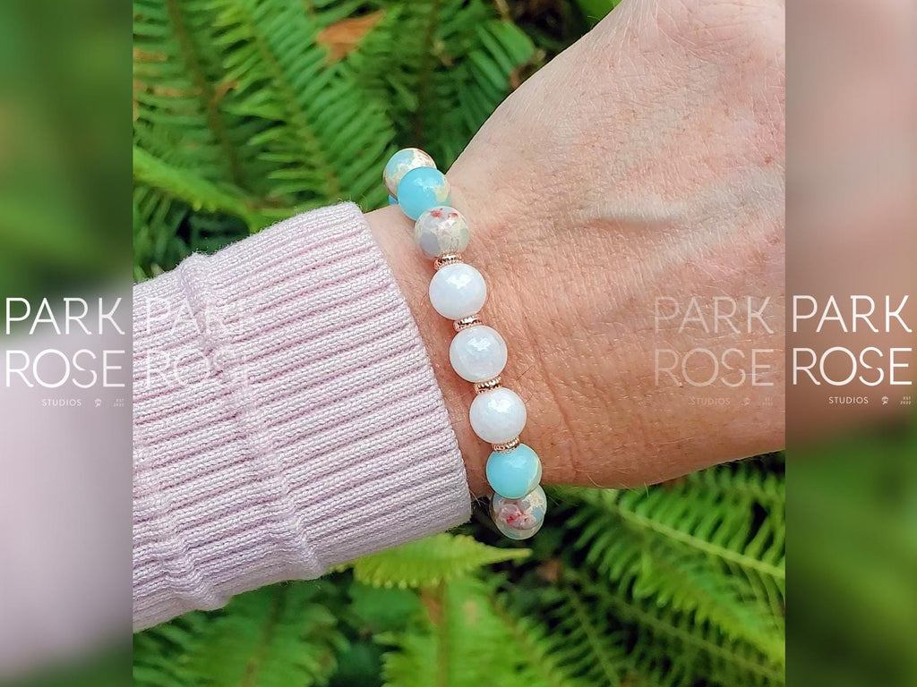 Aqua Terra Jasper Moonstone Bracelet: 24K Rose Gold Accents (8mm)