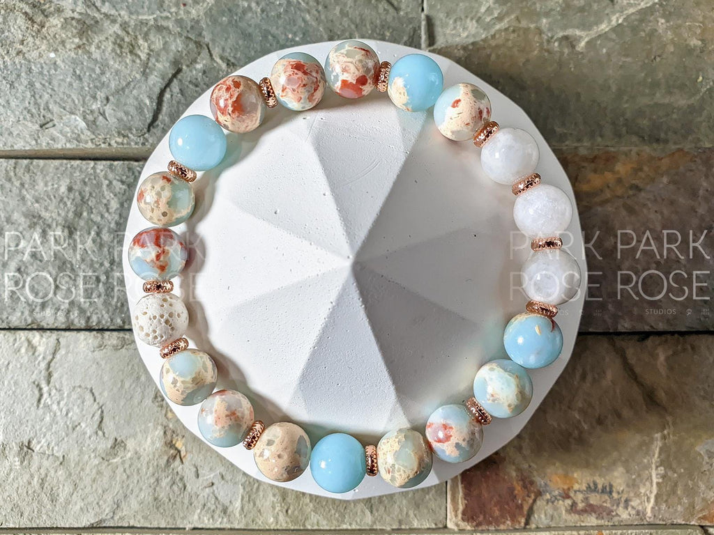 Aqua Terra Jasper Moonstone Bracelet: 24K Rose Gold Accents (8mm)
