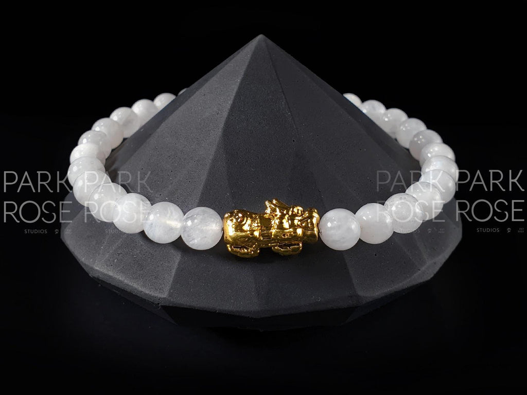 Transparent Moonstone Gemstone Bracelet: 24K Gold Plated Pixiu Charm (6mm)