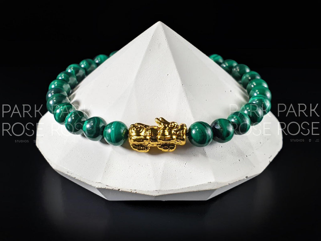 Congo Malachite Bracelet: 24K Gold Plated Pixiu Charm