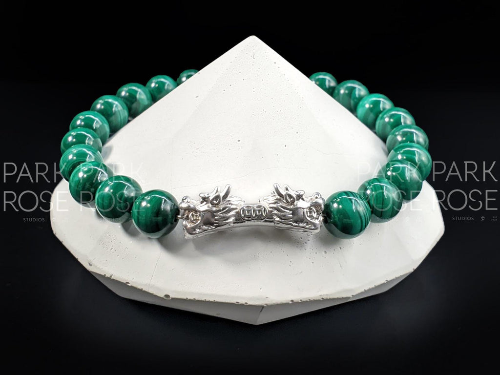 Congo Malachite Bracelet: Sterling Silver Double Dragon (8mm)