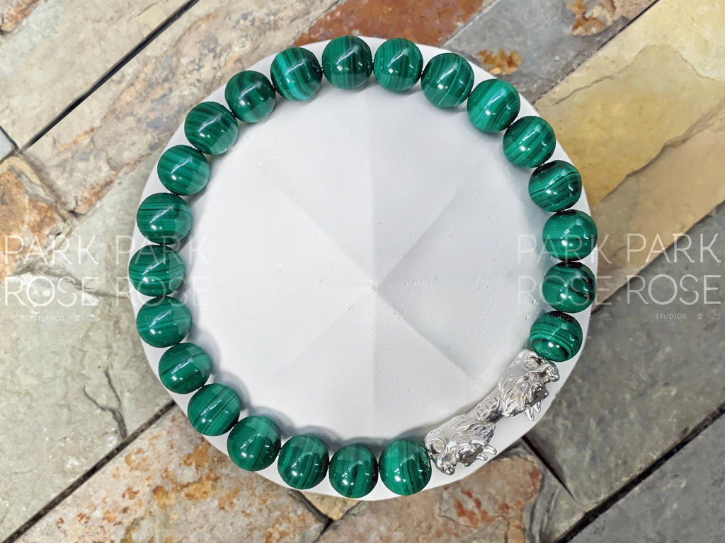 Congo Malachite Bracelet: Sterling Silver Double Dragon (8mm)