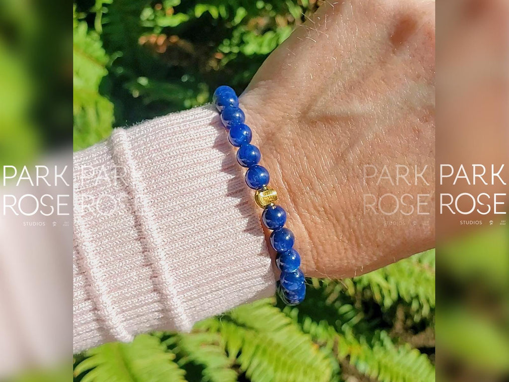 Blue Kyanite Bracelet with 24K Gold Cat Eye Bead
