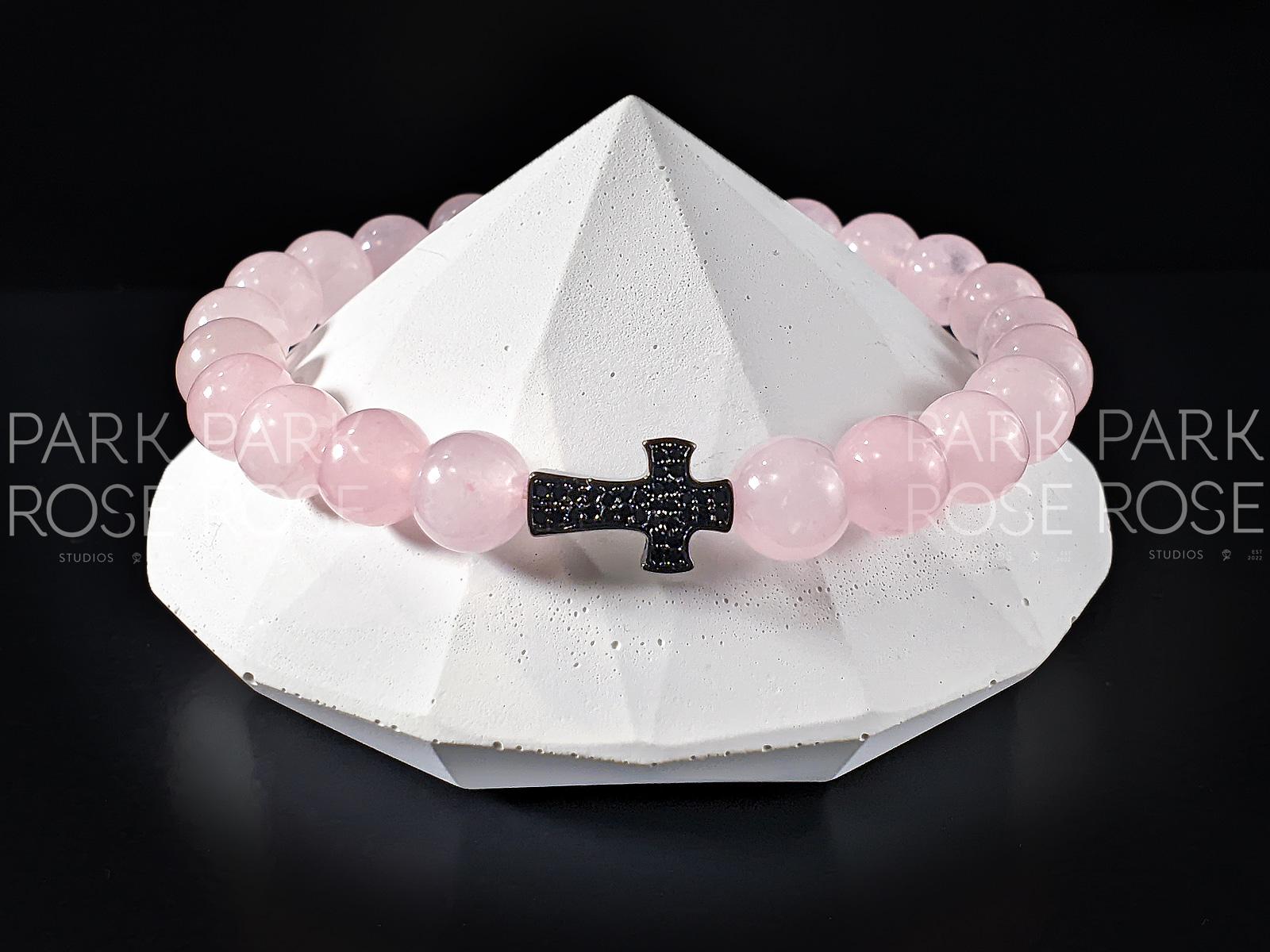 AAAAA Madagascar Rose Quartz Bracelet with Zirconia Cross (8mm)