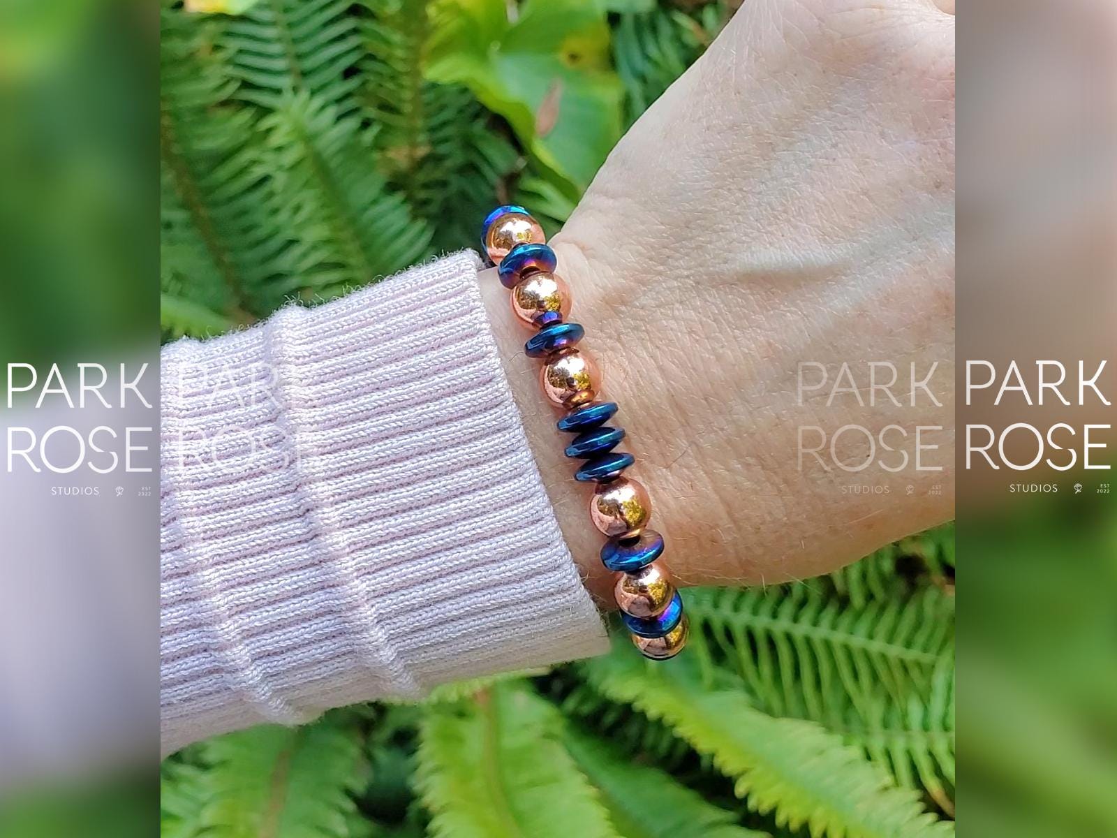 Real Shungite, Pure Coated Copper & Blue Heishi Hematite Gemstone Bracelet (8mm)