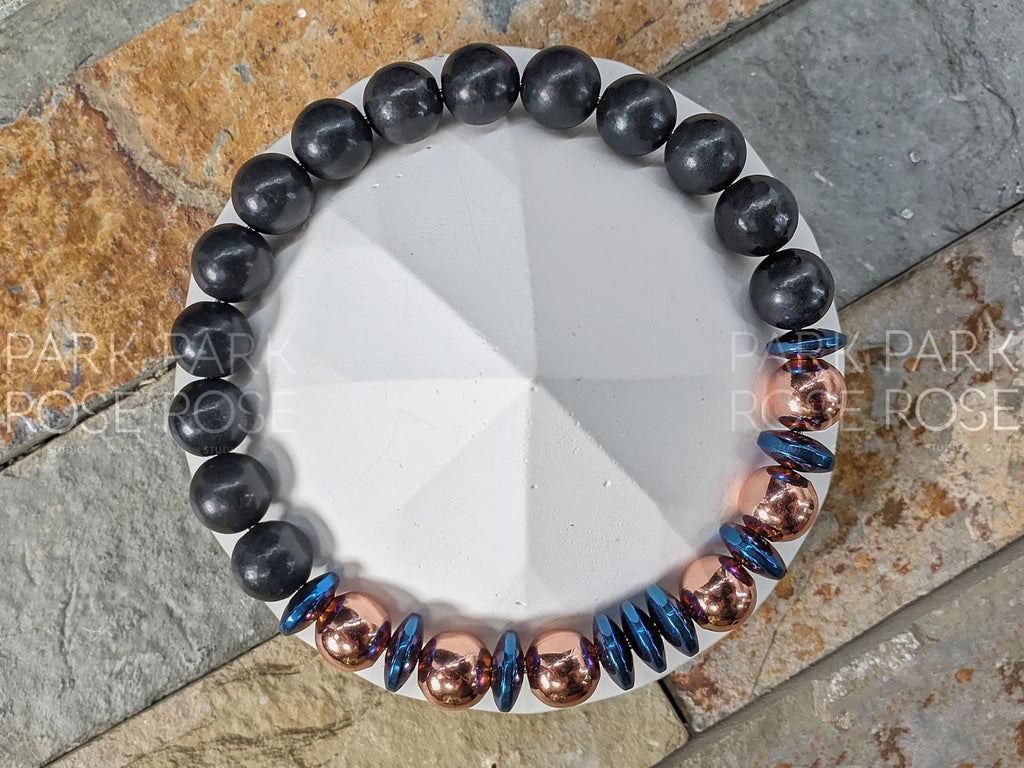Real Shungite, Pure Coated Copper & Blue Heishi Hematite Gemstone Bracelet (8mm)