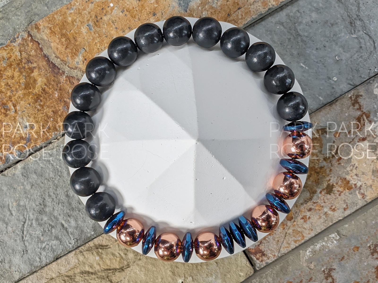 Real Shungite, Pure Coated Copper & Blue Heishi Hematite Gemstone Bracelet (8mm)