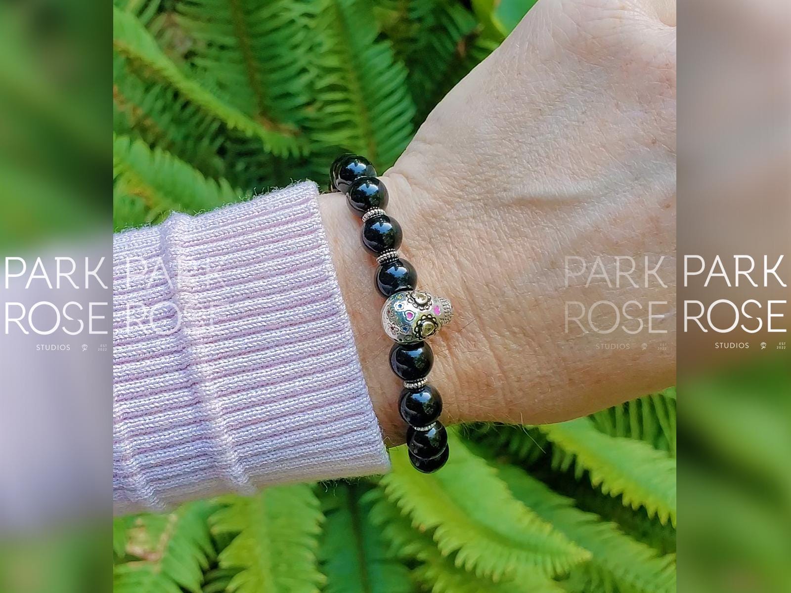 Black Tourmaline Sterling Silver Sugar Skull Bracelet