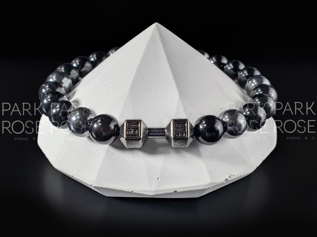 Black Tourmaline & Hematite Bracelet with Dumbbell Charm (8mm)