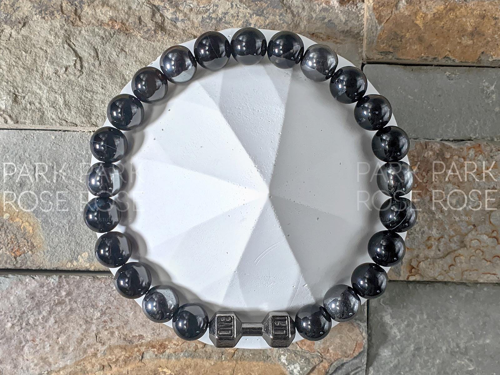 Black Tourmaline & Hematite Bracelet with Dumbbell Charm (8mm)