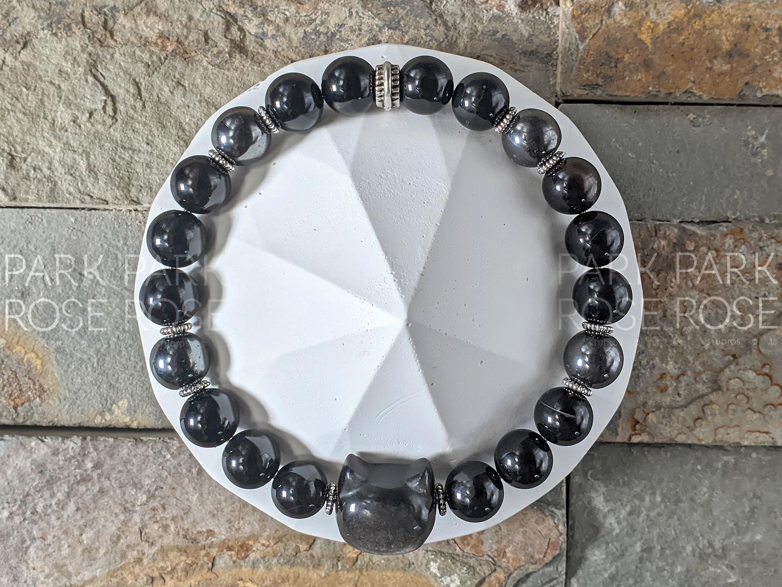 Obsidian Cat Bracelet: Black Tourmaline & Hematite Crystal (8mm)