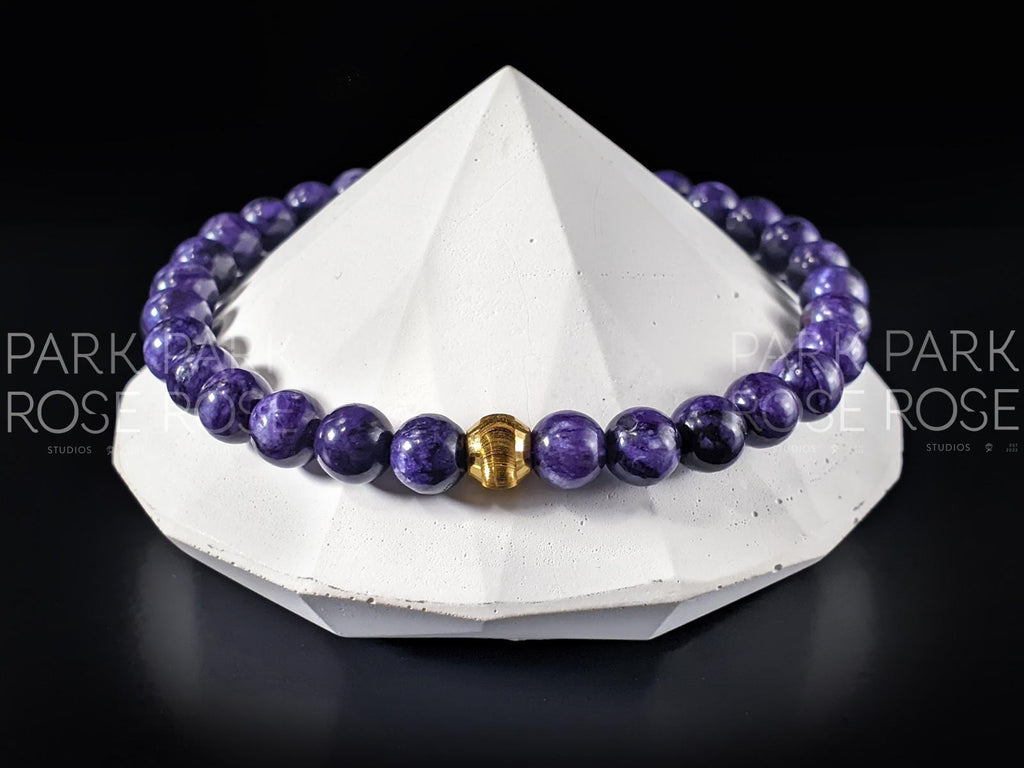 AAA Charoite Bracelet with 24K Gold Cat Eye Bead (6/8/10mm)