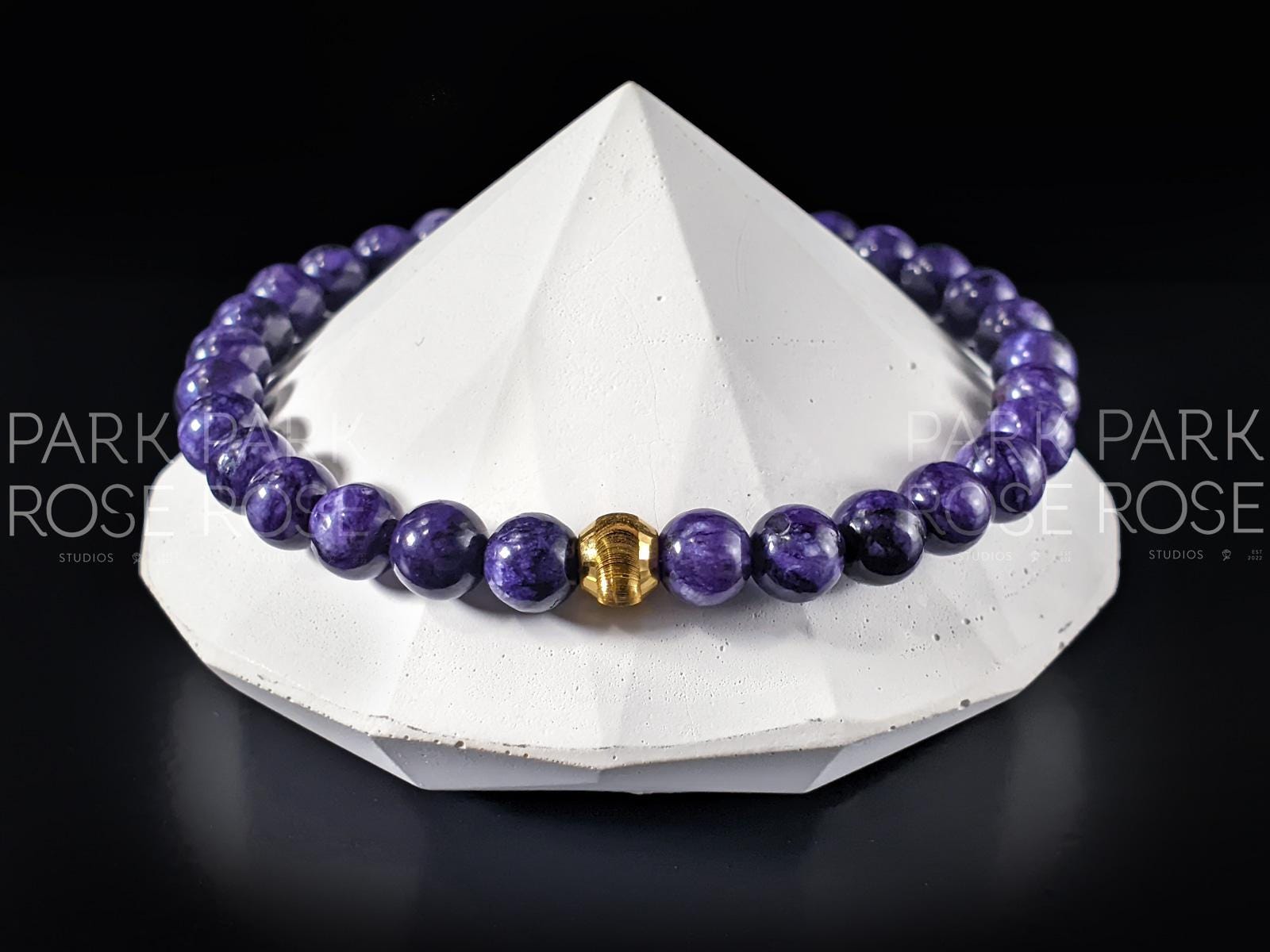 AAA Charoite Bracelet with 24K Gold Cat Eye Bead (6/8/10mm)