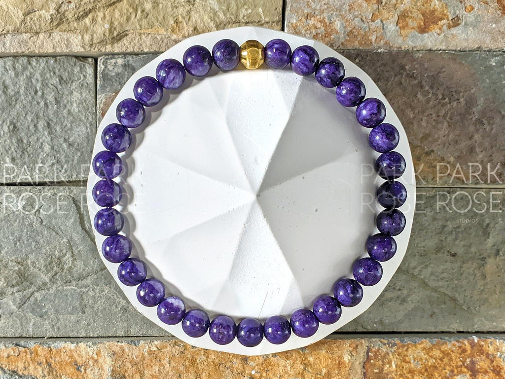 AAA Charoite Bracelet with 24K Gold Cat Eye Bead (6/8/10mm)