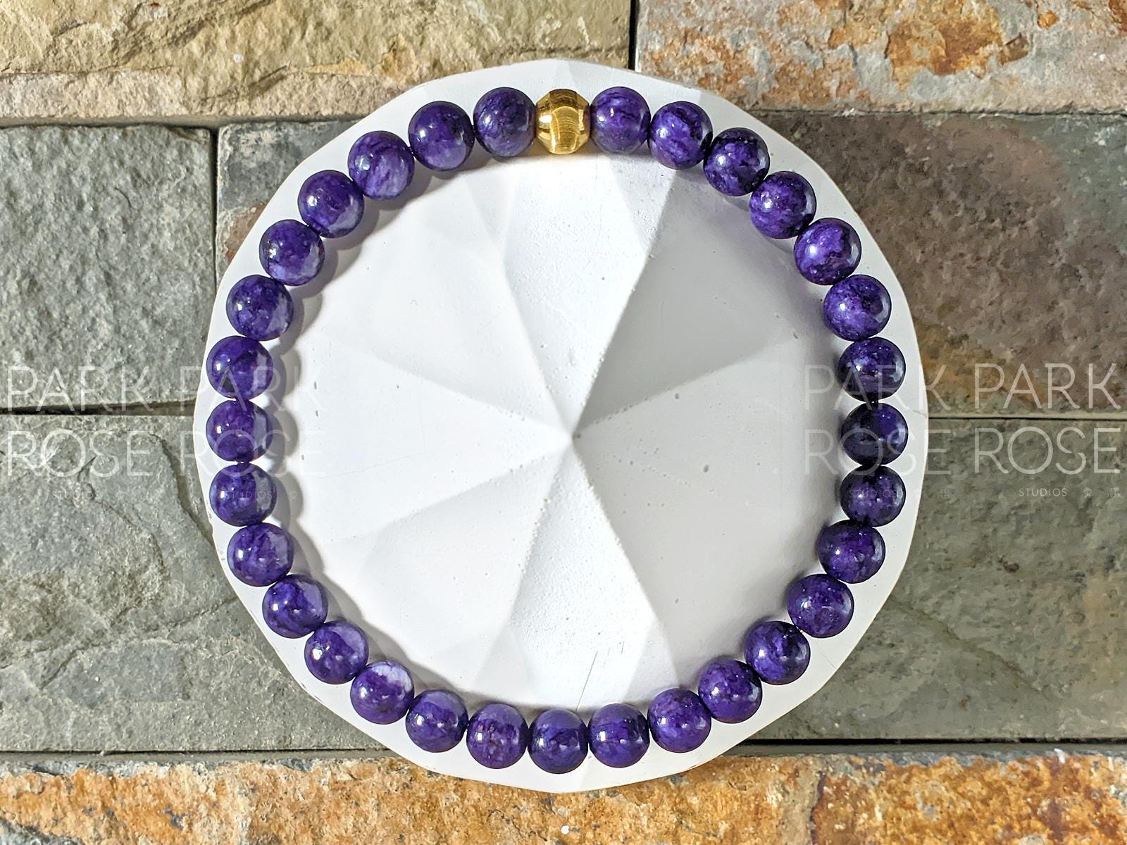 AAA Charoite Bracelet with 24K Gold Cat Eye Bead (6/8/10mm)