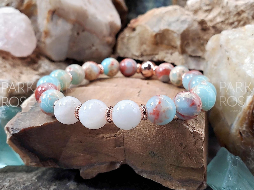 Aqua Terra Jasper Moonstone Bracelet: 24K Rose Gold Accents (8mm)