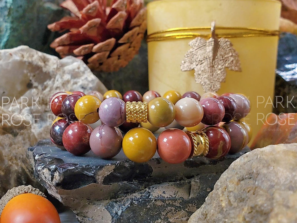 Mookaite Jasper Bracelet: Fall Colors Gemstone with Gold Accents