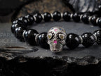 Sugar Skull Bracelet: 925 Sterling Silver Skull with Pink Tiger's Eye, Tourmaline or Moonstone (8mm)