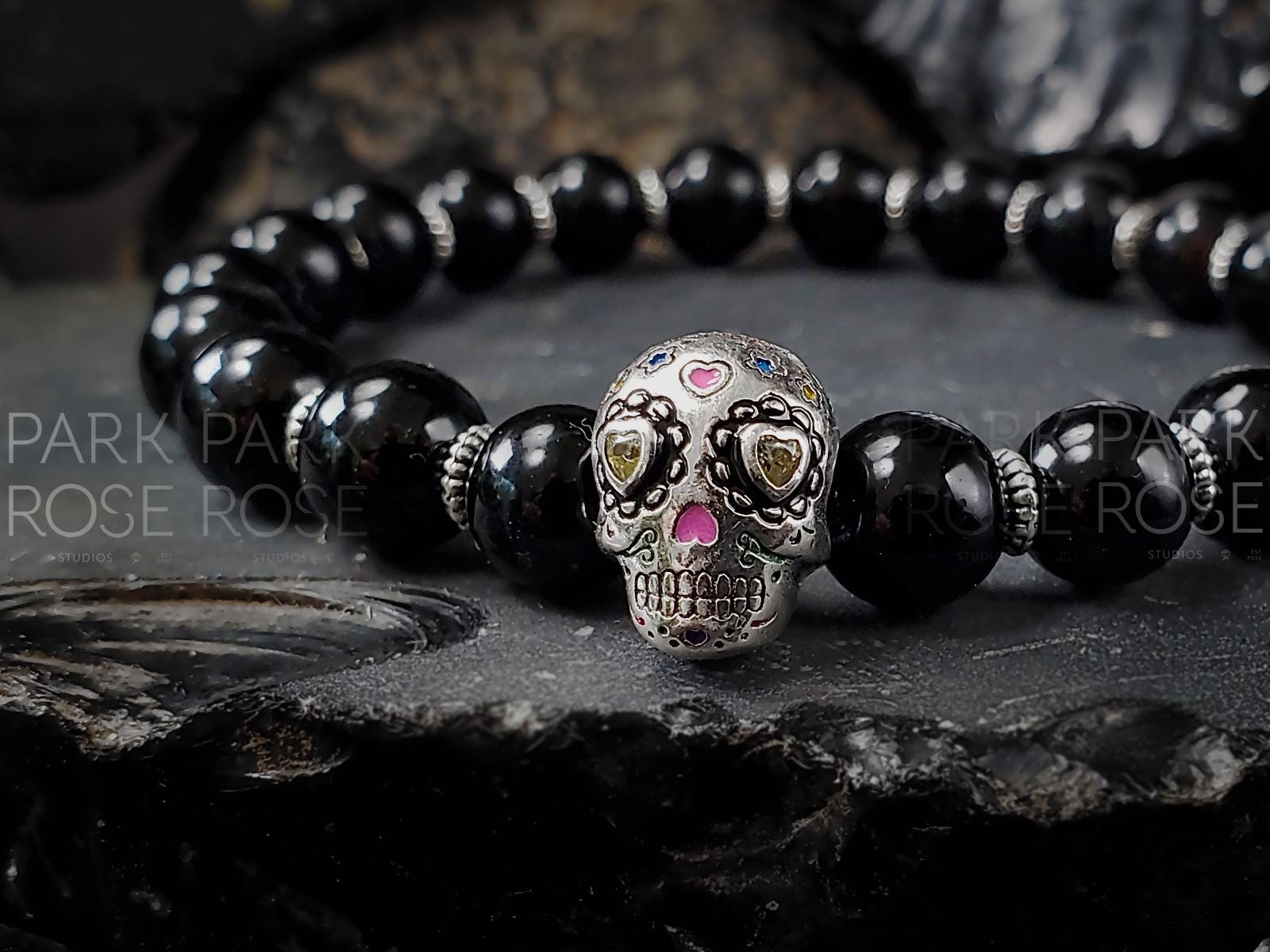 Sugar Skull Bracelet: 925 Sterling Silver Skull with Pink Tiger's Eye, Tourmaline or Moonstone (8mm)