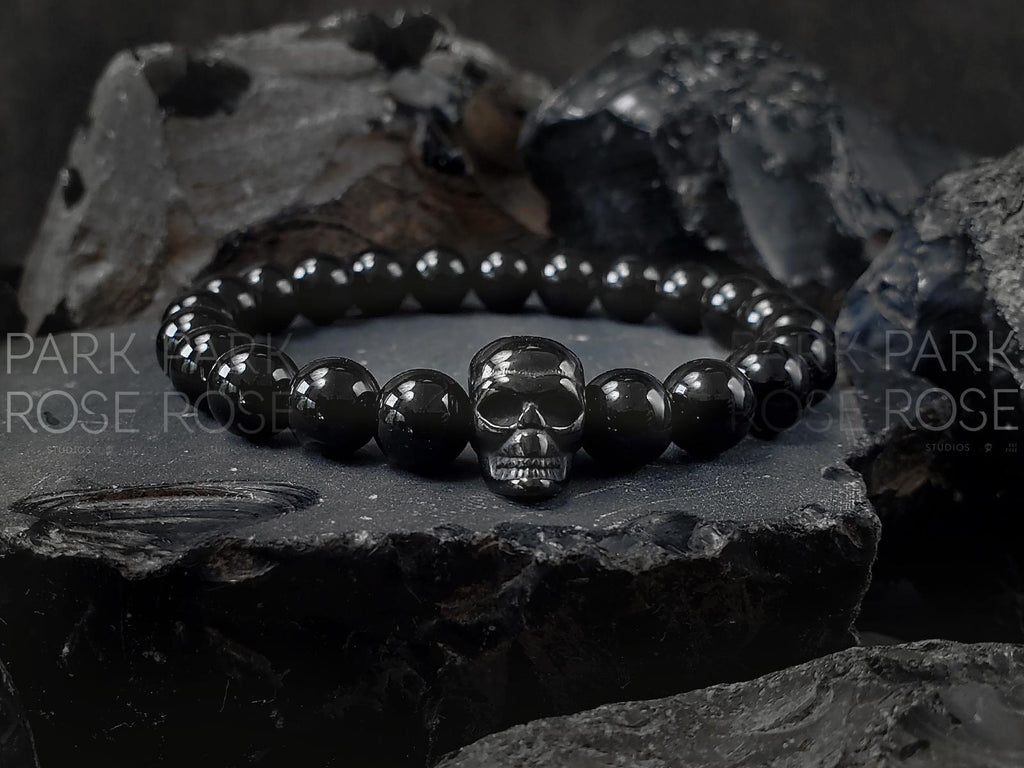 Black Tourmaline Stainless Steel Skull Bracelet