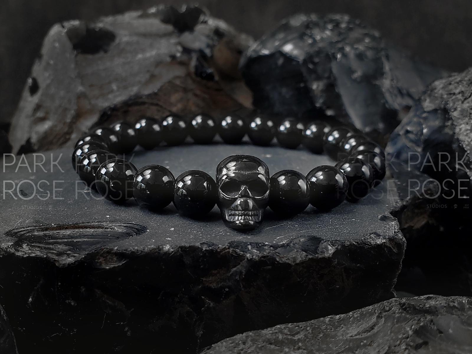 Black Tourmaline Stainless Steel Skull Bracelet