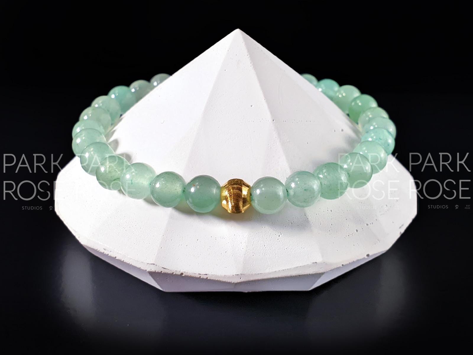 Green Aventurine Bracelet with 24K Solid Gold Cat Eye Bead