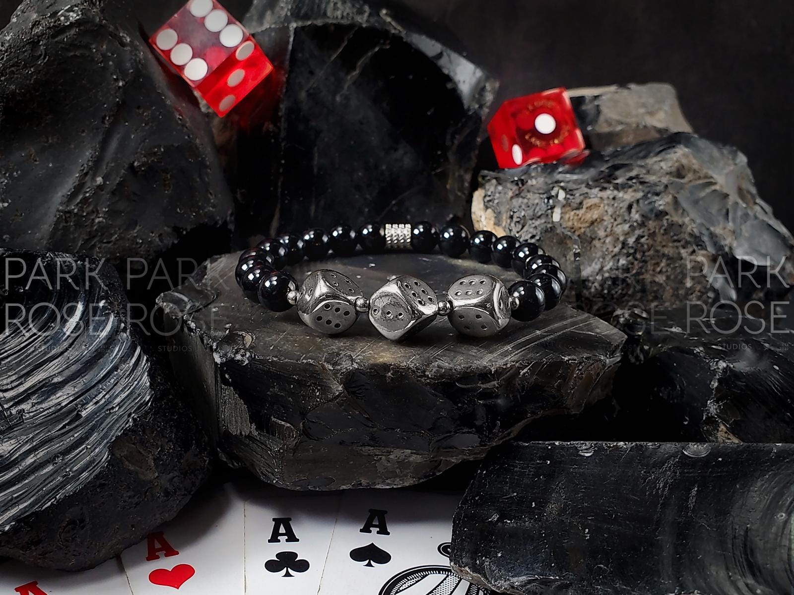 Black Tourmaline High Roller Stainless Steel Dice Bracelet