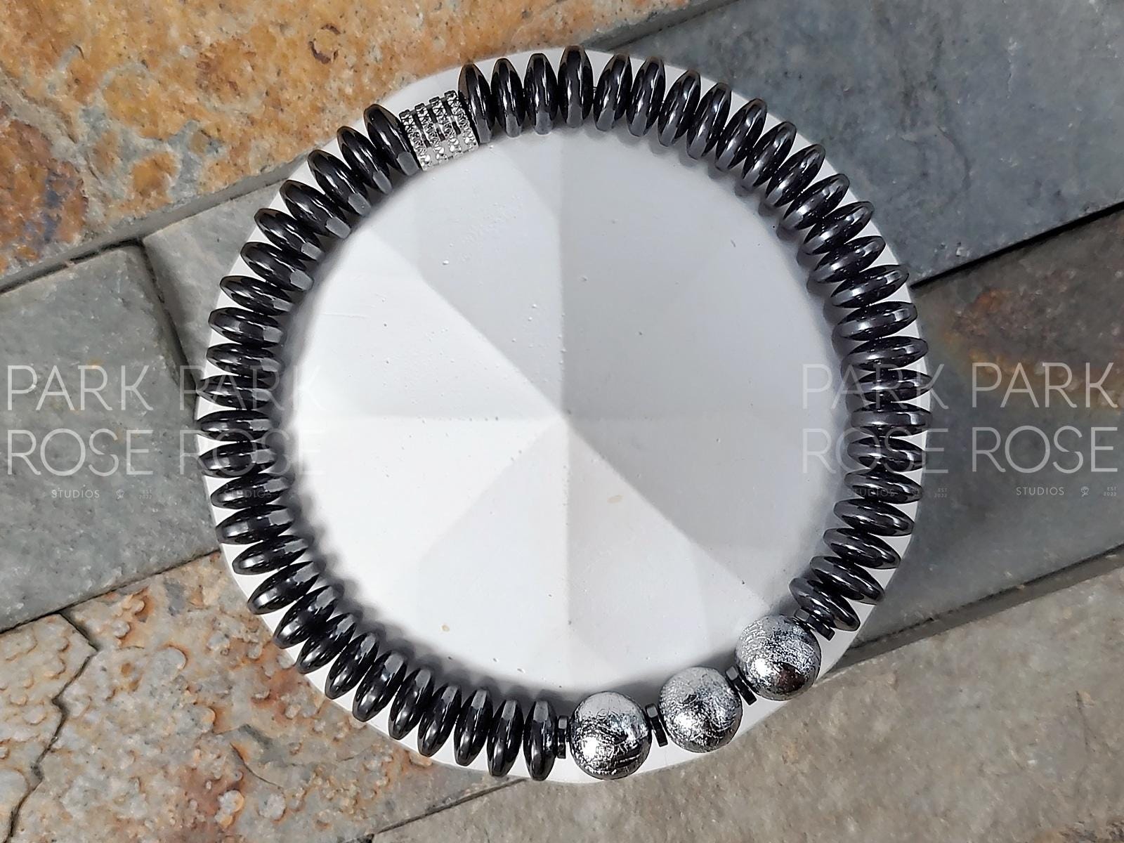 Gibeon Meteorite Bracelet: Hematite Heishi Rondelle, Iron Nickel (8mm)