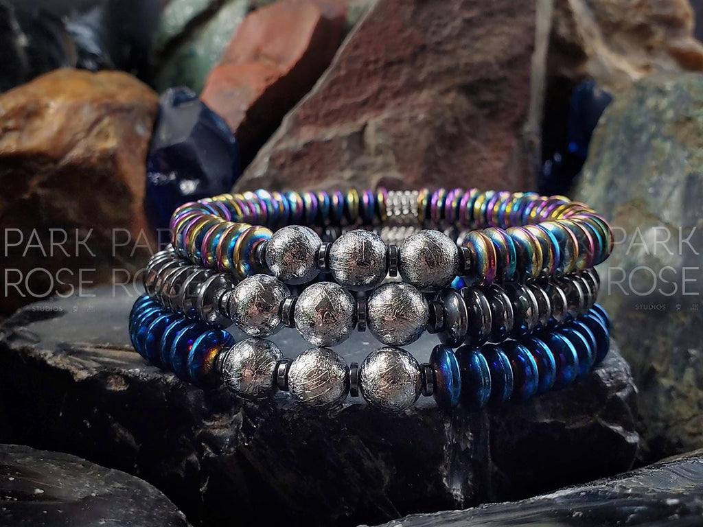 Gibeon Meteorite Bracelet: Hematite Heishi Rondelle, Iron Nickel (8mm)