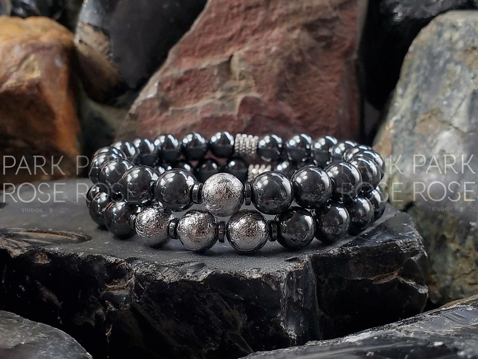 Gibeon Meteorite + Black Hematite Bracelet (8mm)