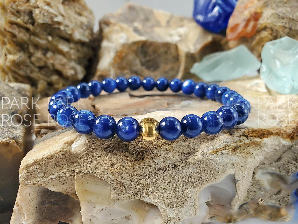 Blue Kyanite Bracelet with 24K Gold Cat Eye Bead