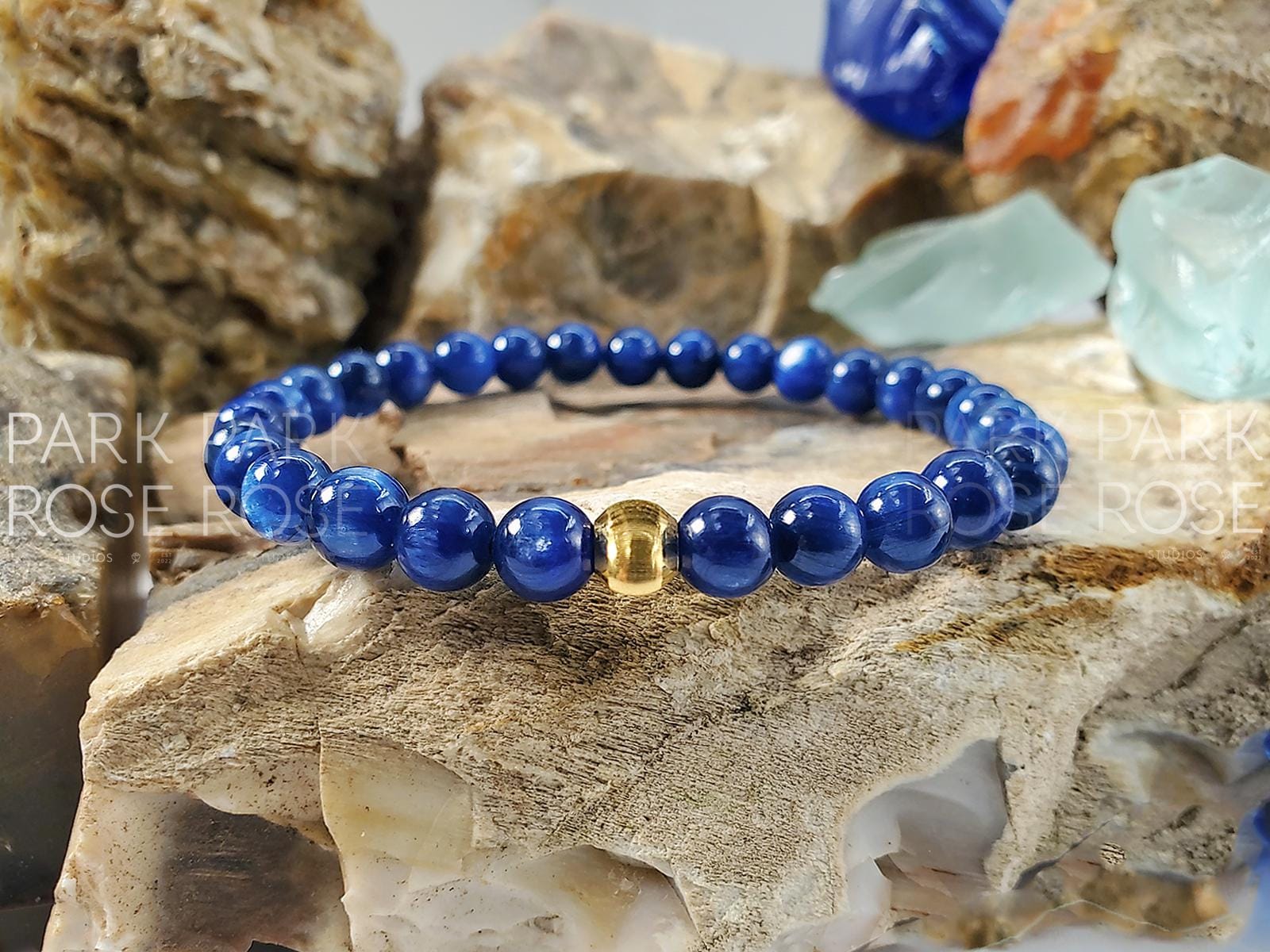 Blue Kyanite Bracelet with 24K Gold Cat Eye Bead