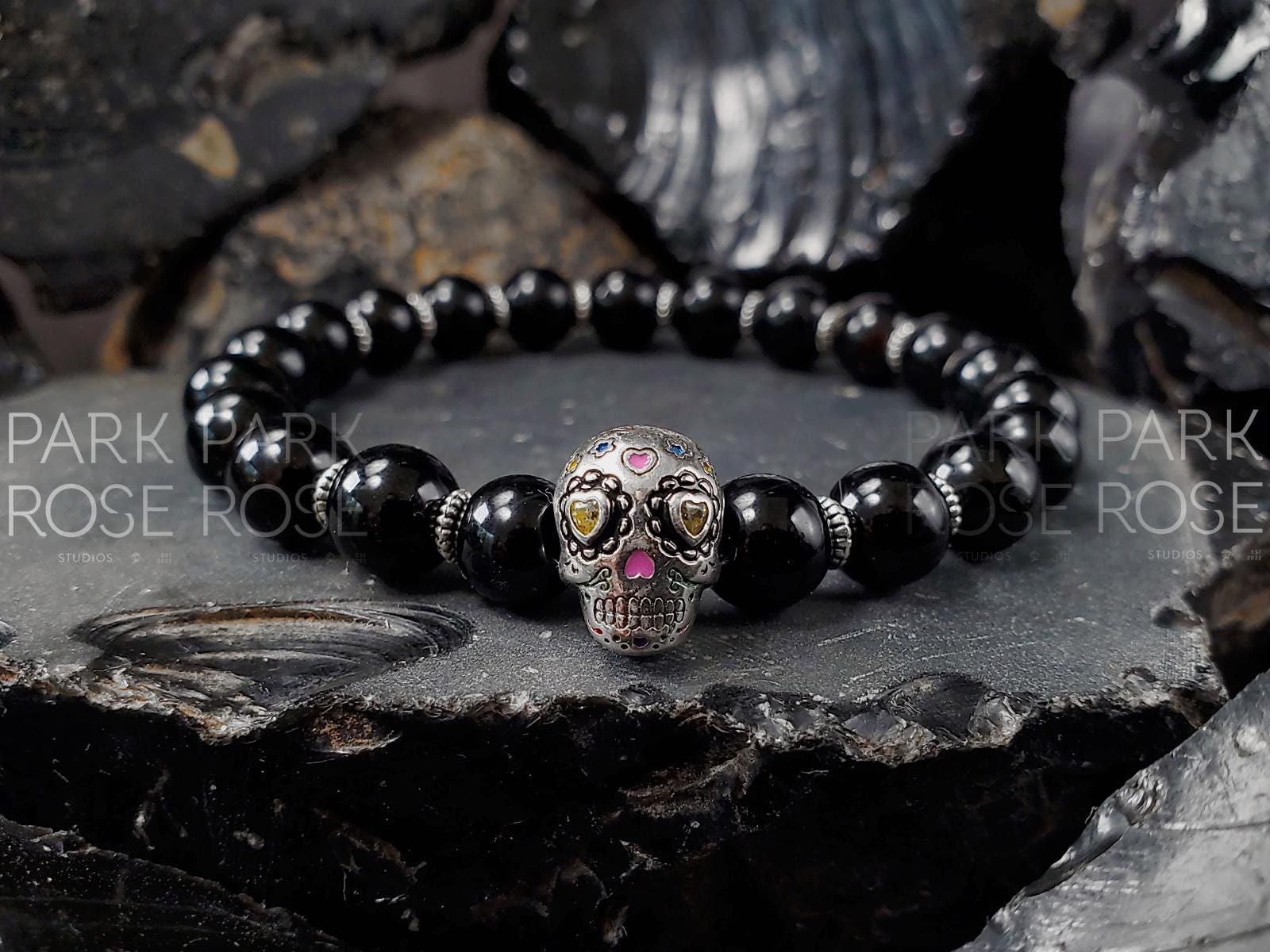 Black Tourmaline Sterling Silver Sugar Skull Bracelet