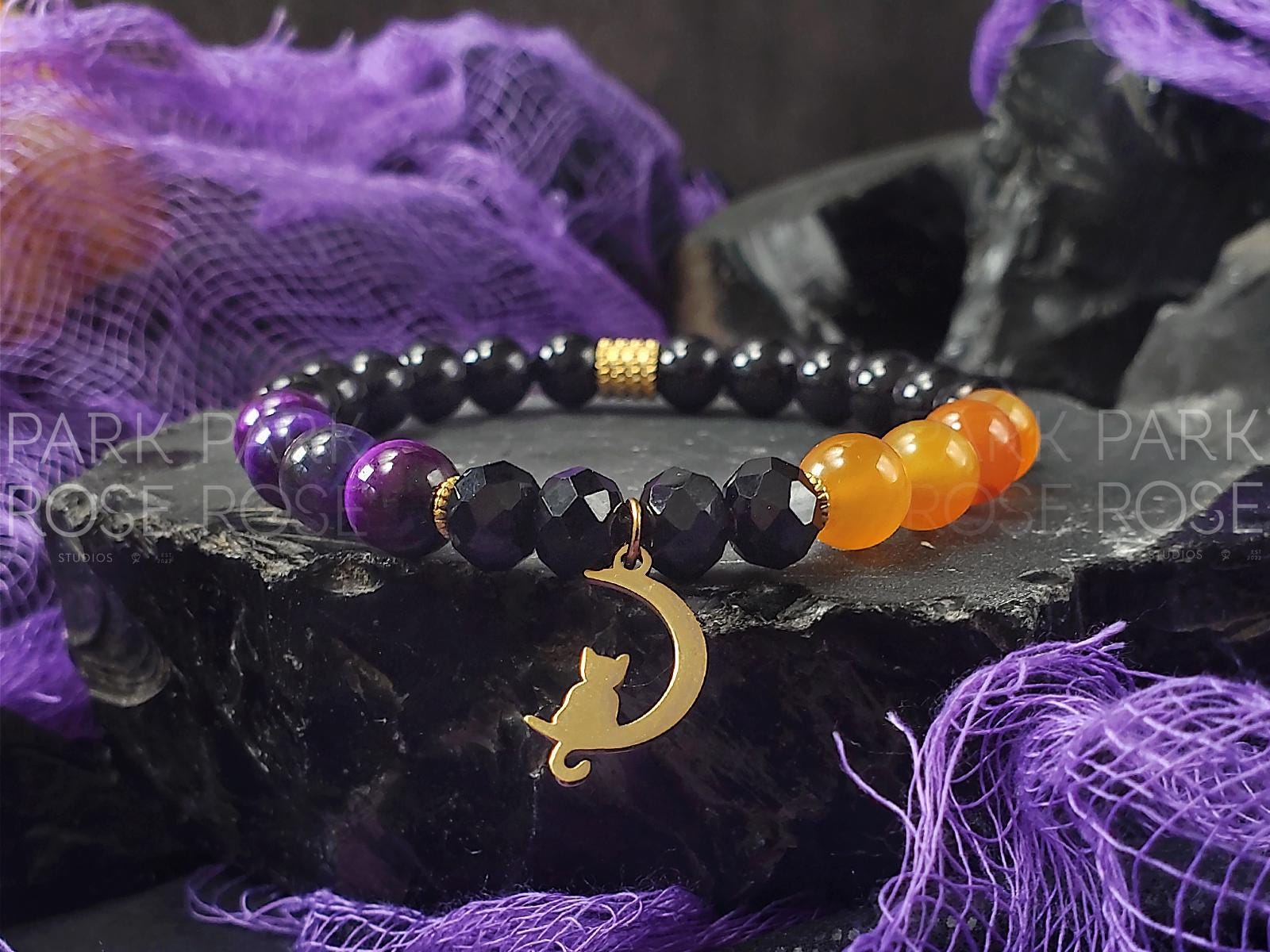 Black Tourmaline, Tiger's Eye & Agate, Stainless Steel Halloween Charms
