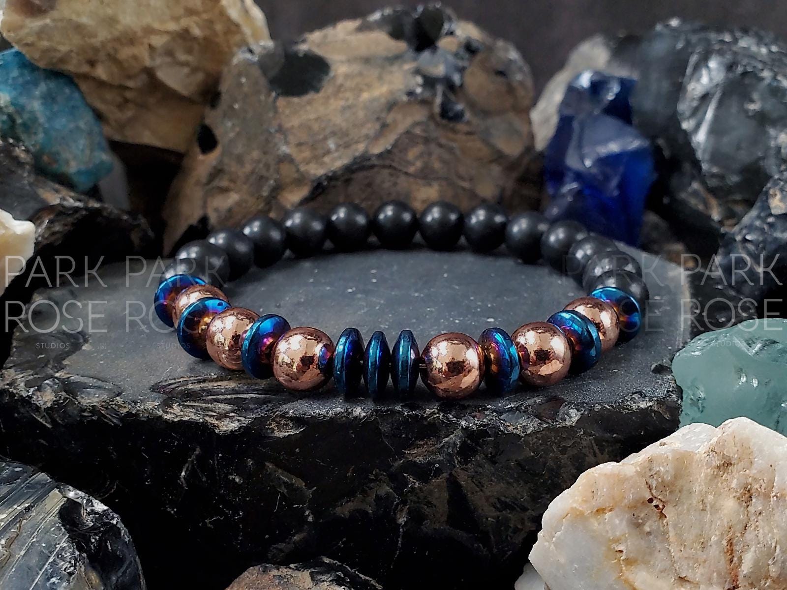 Real Shungite, Pure Coated Copper & Blue Heishi Hematite Gemstone Bracelet (8mm)