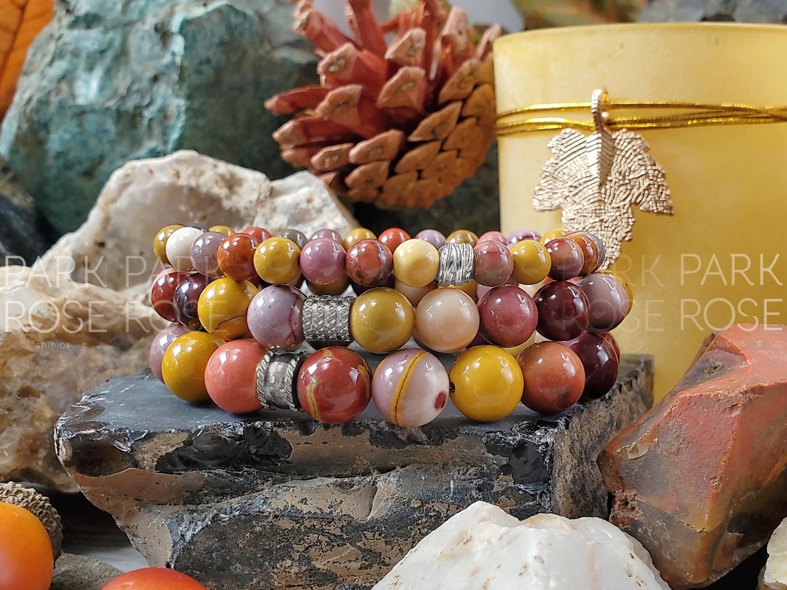 Mookaite Jasper Bracelet: Fall Colors Gemstone with Gold Accents