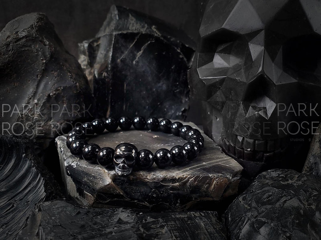 Black Tourmaline Stainless Steel Skull Bracelet