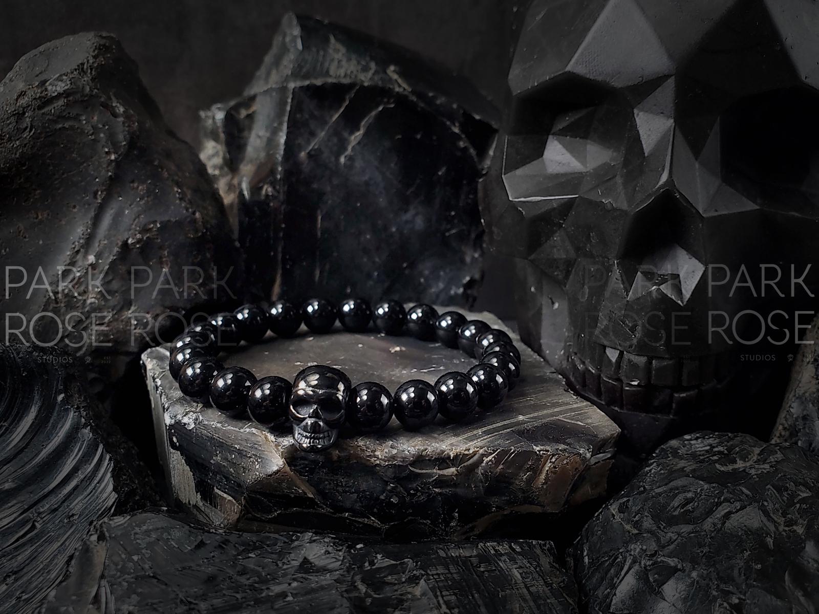 Black Tourmaline Stainless Steel Skull Bracelet