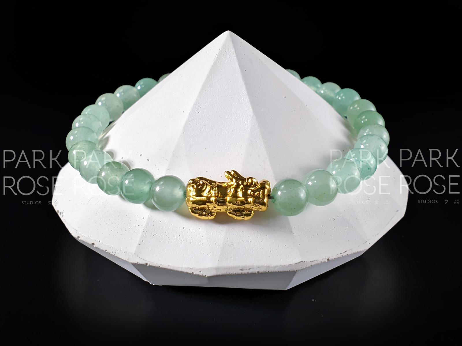 Green Aventurine Bracelet: 24K Gold Plated Pixiu